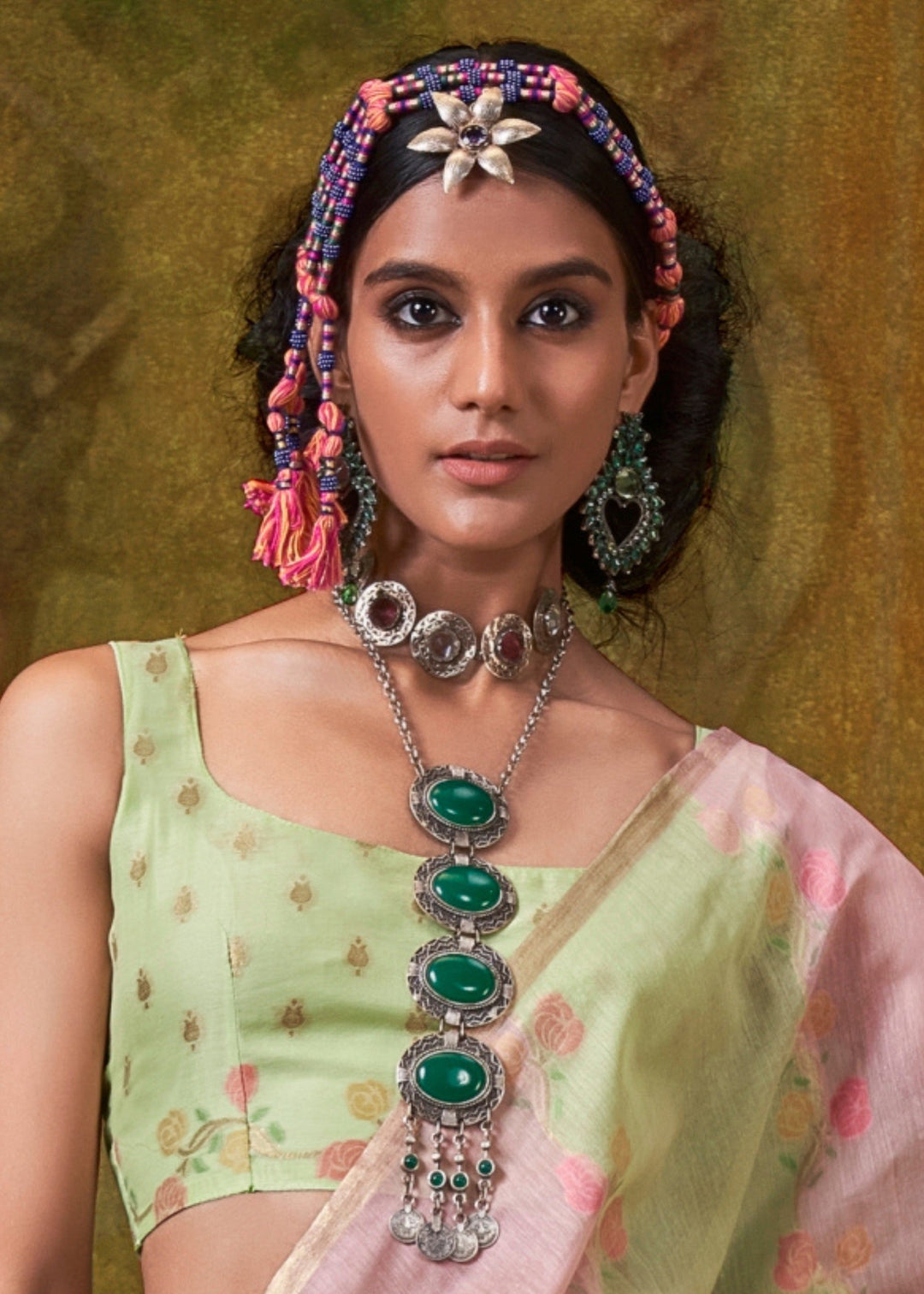 Light Pink And Green Cotton Silk Saree With Rangkaat Handloom Weaving