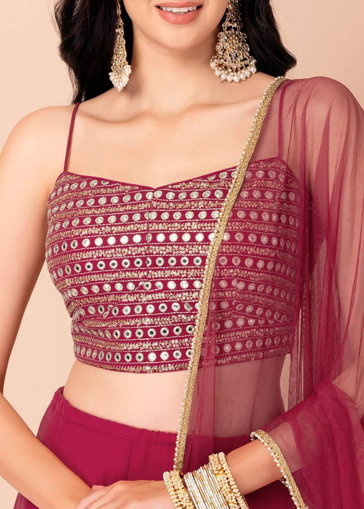 Raspberry Pink Georgette Lehenga Choli With Sequins And Thread Embroidery Work