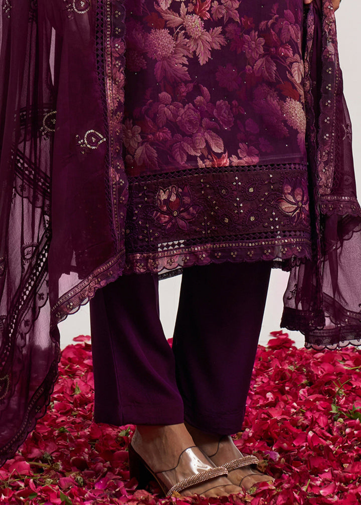 Sangria Purple Organza Pant Style Suit WIth Chiffon Dupatta