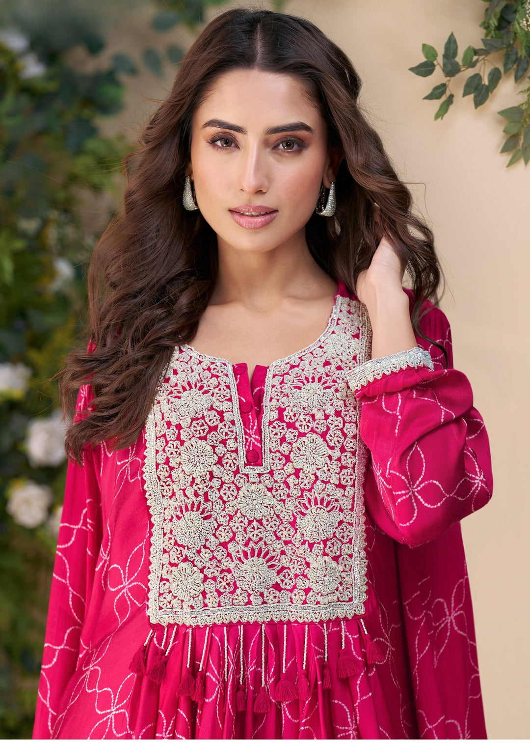 Bright Fuchsia Pink Premium Chinon Silk Kurta with Pant