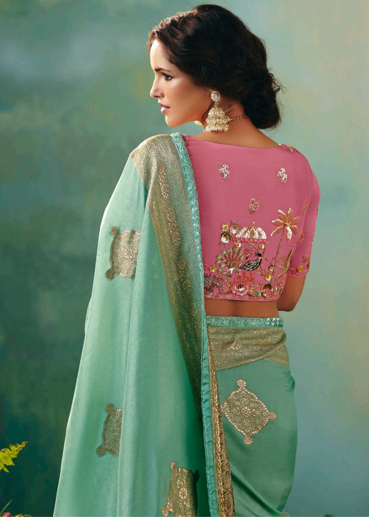 Sea Green Pure Viscose Dola Silk Saree with Zari Weaving & Embroidered Blouse
