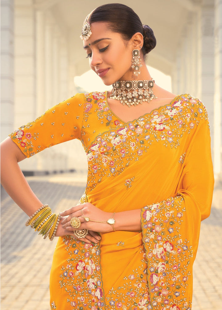 Mustard Yellow Crepe Silk Saree