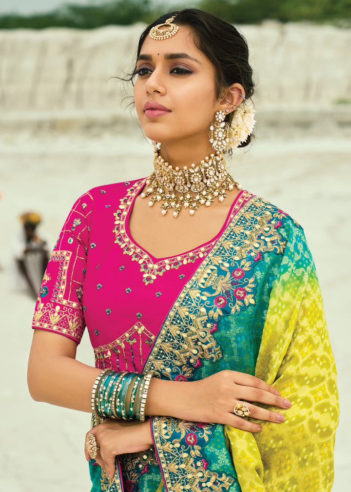 Turquoise Blue & Yellow Georgette Bandhej Saree