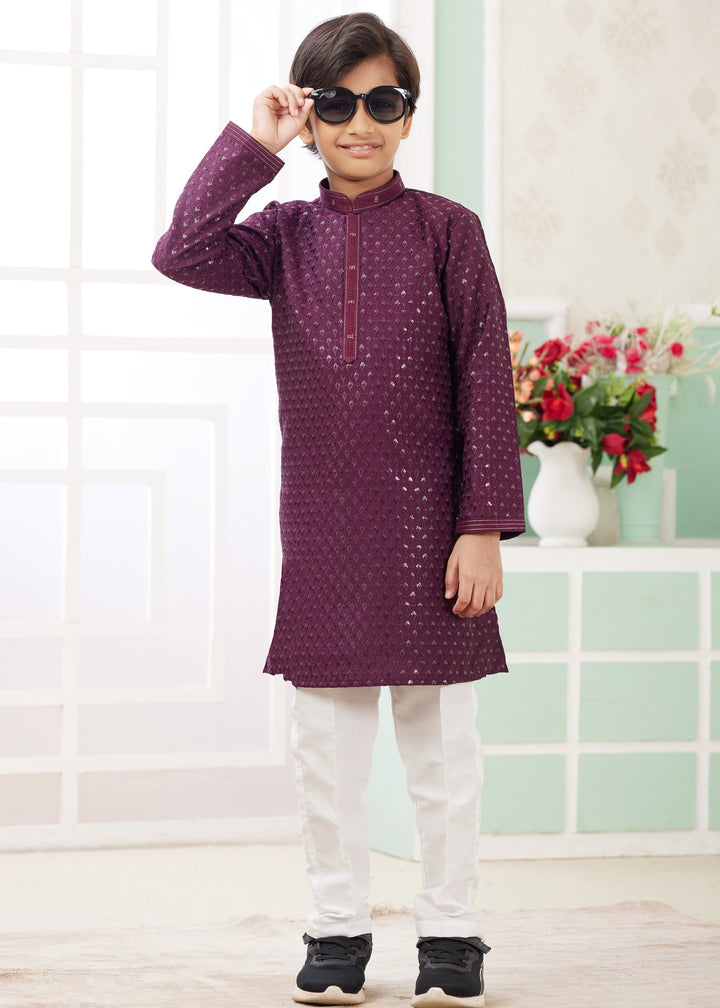 Wine Purple Silk Mens Kurta Set With Thread Embroidery Work