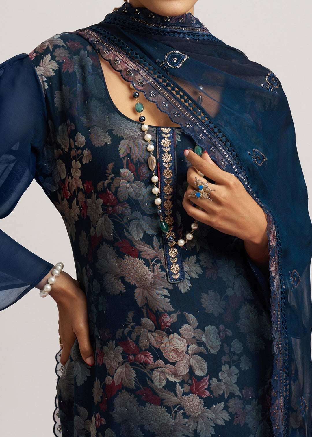 Indigo Blue Organza Pant Style Suit WIth Chiffon Dupatta