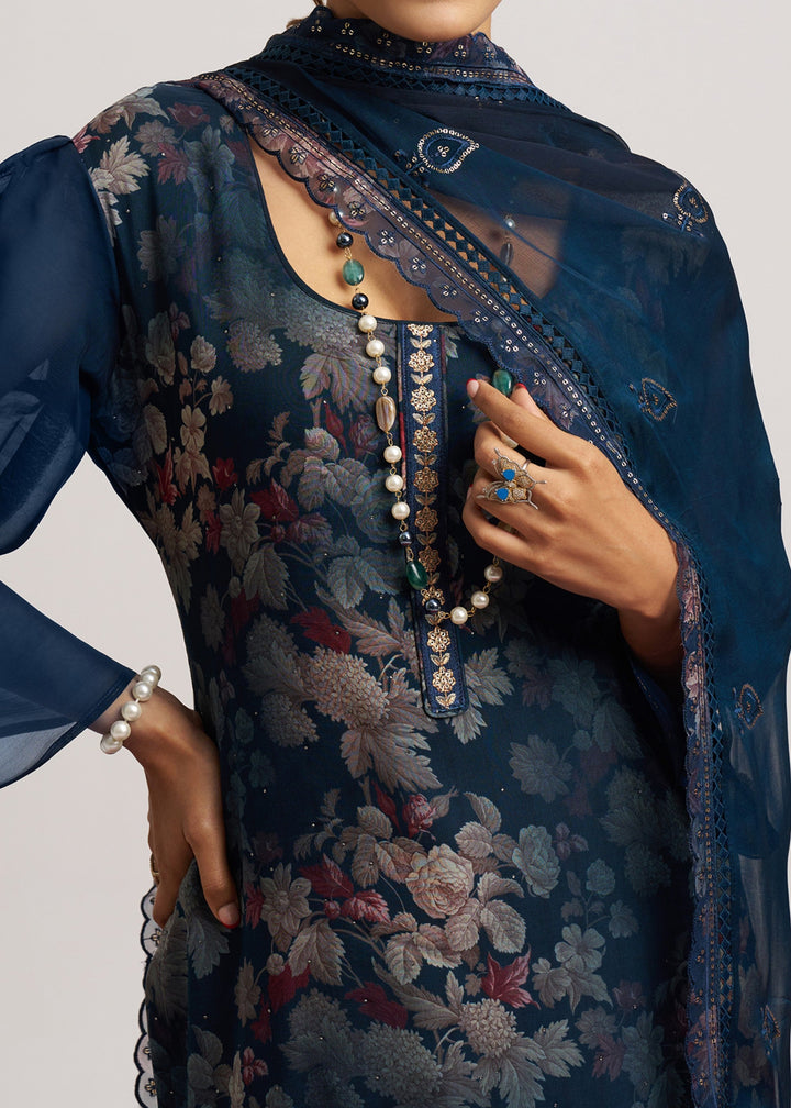 Indigo Blue Organza Pant Style Suit WIth Chiffon Dupatta