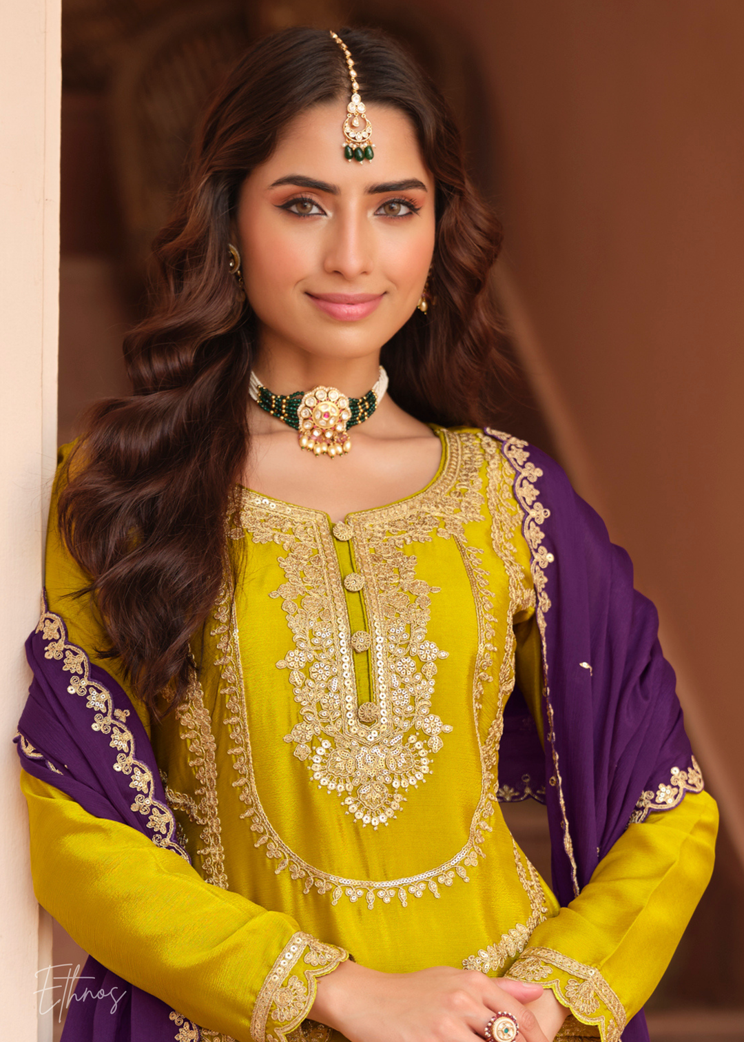Mustard Yellow And Deep Purple Silk Salwar Suit