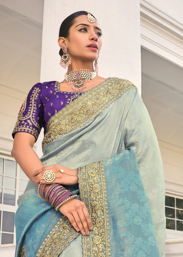 Grey Blue Crepe Silk Saree