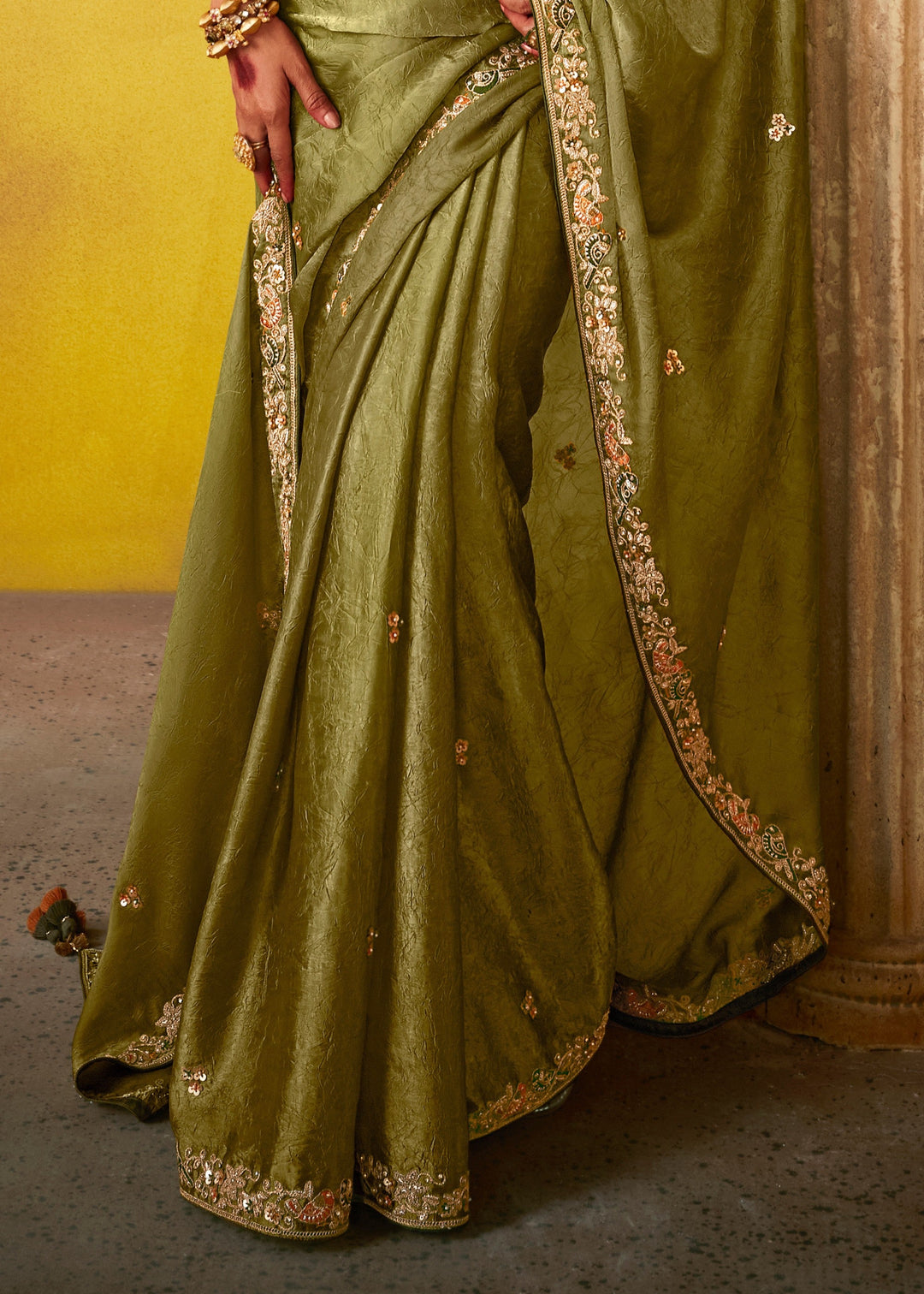 Olive Green Glass Tissue Silk Saree : Top Pick