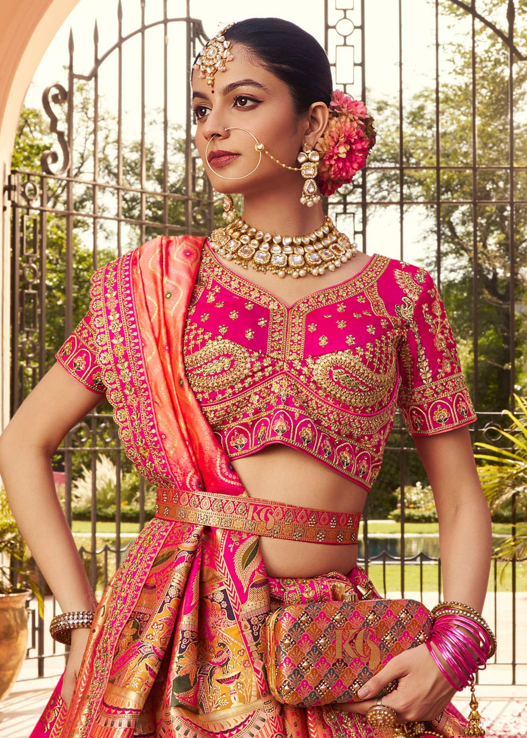 Deep Fuchsia Pink Banarasi Silk Lehenga With Golden Zari Work