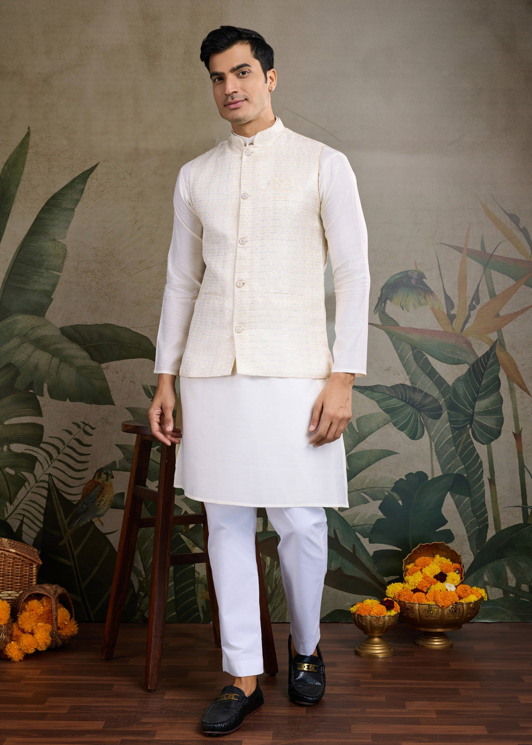White Mens Wear Koti Style with Kurta and Pajama