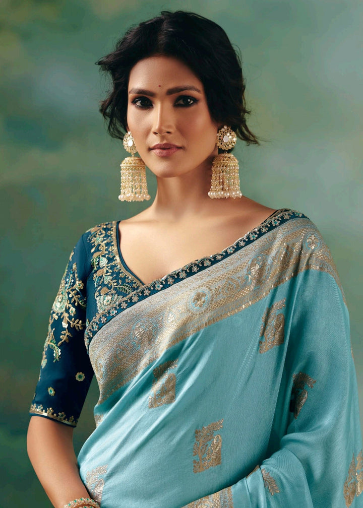Sky Blue Pure Viscose Dola Silk Saree with Zari Weaving & Embroidered Blouse