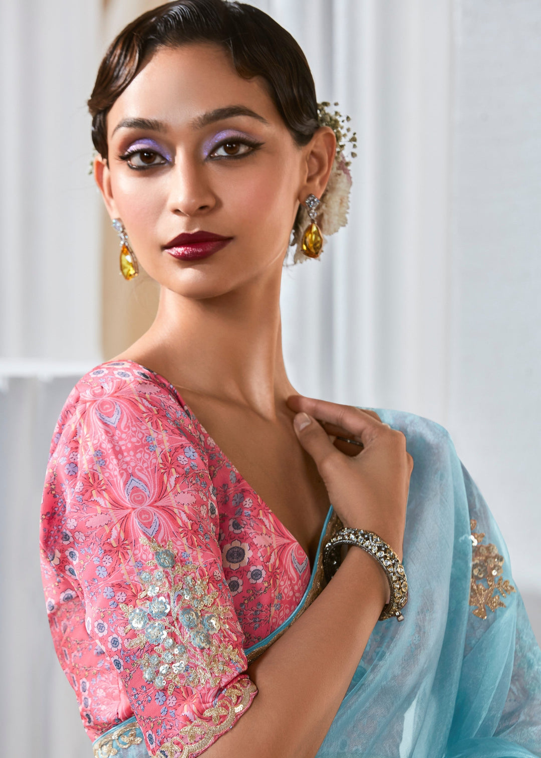 Sky Blue Fancy Silk Saree With Printed Blouse