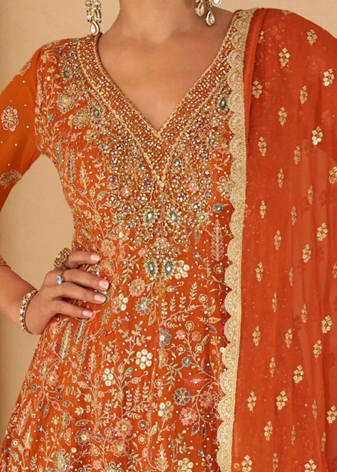 Burnt Orange With Intricate Prints Georgette Palazzo Suit