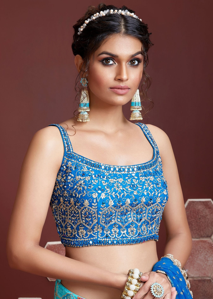 Shades Of Blue Floral Printed Chinon Silk Lehenga Choli with Embroidery & Mirror work