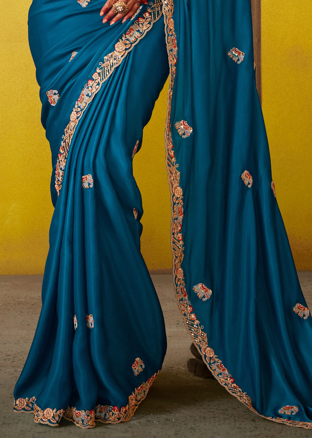 Teal Blue Glass Tissue Silk Saree