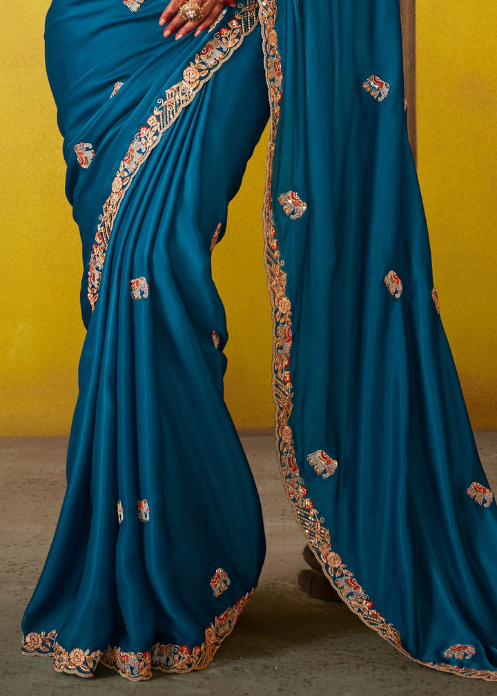 Teal Blue Glass Tissue Silk Saree