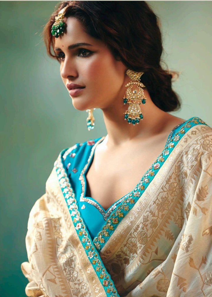 Off-White Viscose Dola Silk Saree