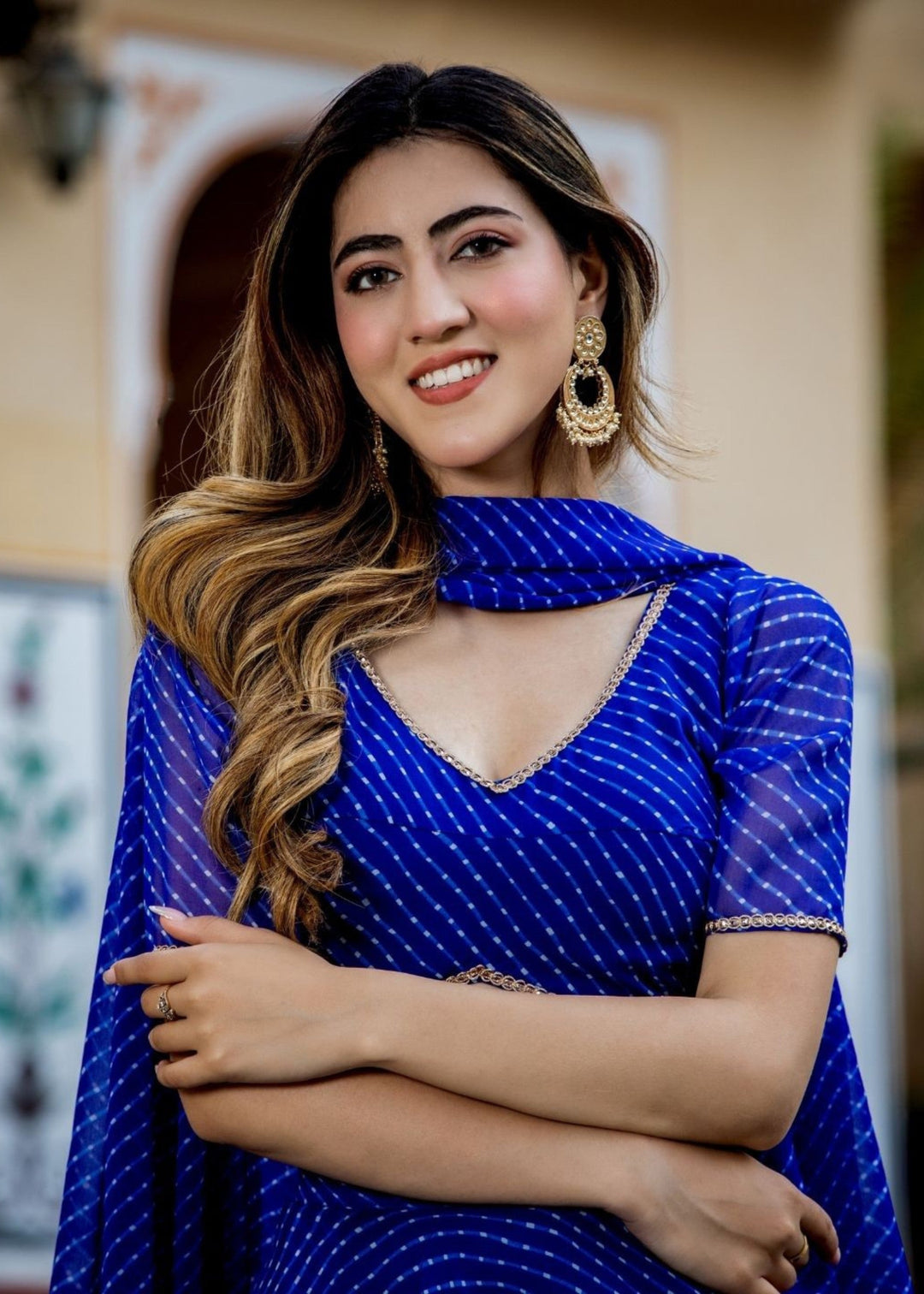 Azure Blue Georgette Leheriya Print Lehenga With Zari And Lace Work