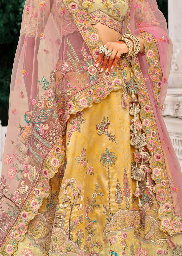 Corn Yellow Fancy Silk Lehenga Choli With Cut Work Embroidery Border & Stone Work