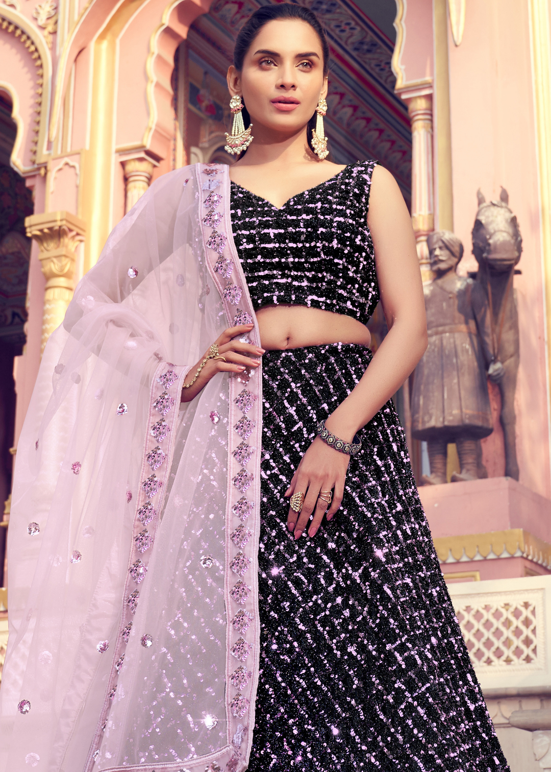 Black & Pink Designer Lehenga Choli with Sequins work
