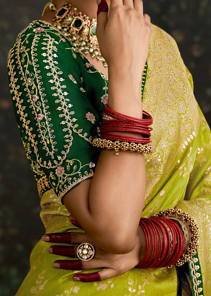 Lime-green and Dark-green Viscose silk Saree