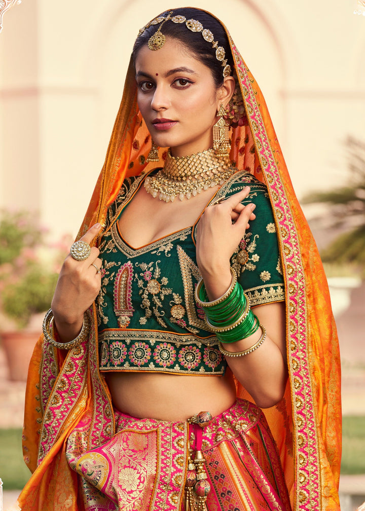 Tangerine Orange Banarasi Silk Lehenga With Golden zari work