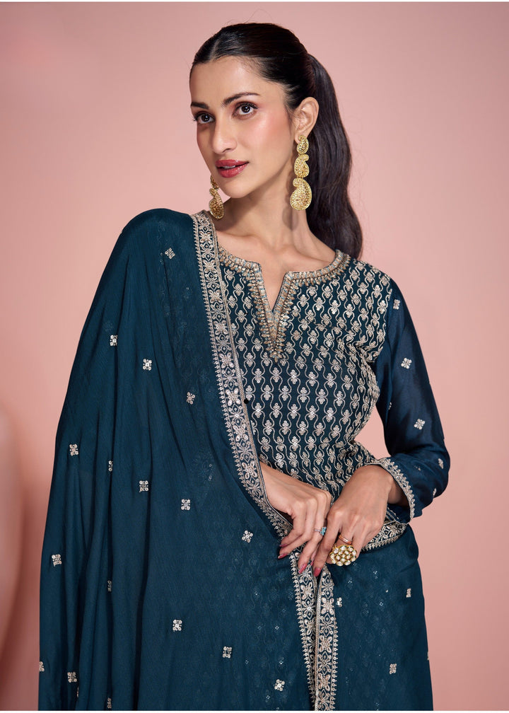 Spruce Blue Chinnon Silk Plazo Suit With Thread Embroidered Work
