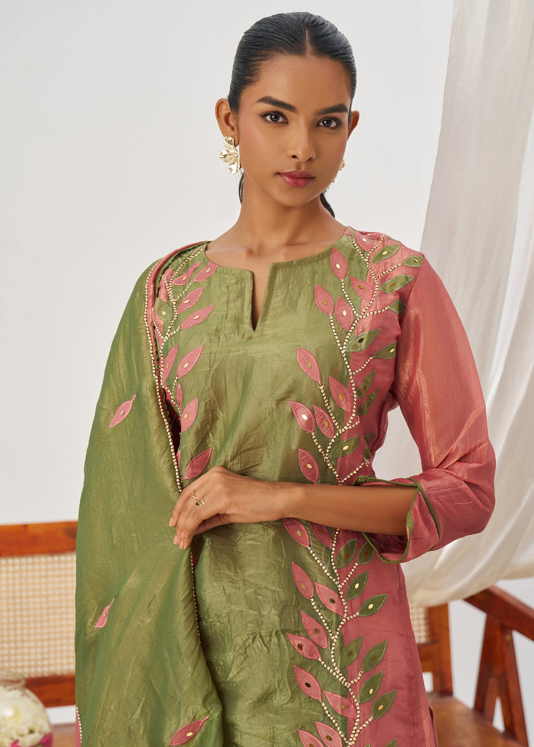 Salmon Pink Silk Pant Suit With Embroidery Work
