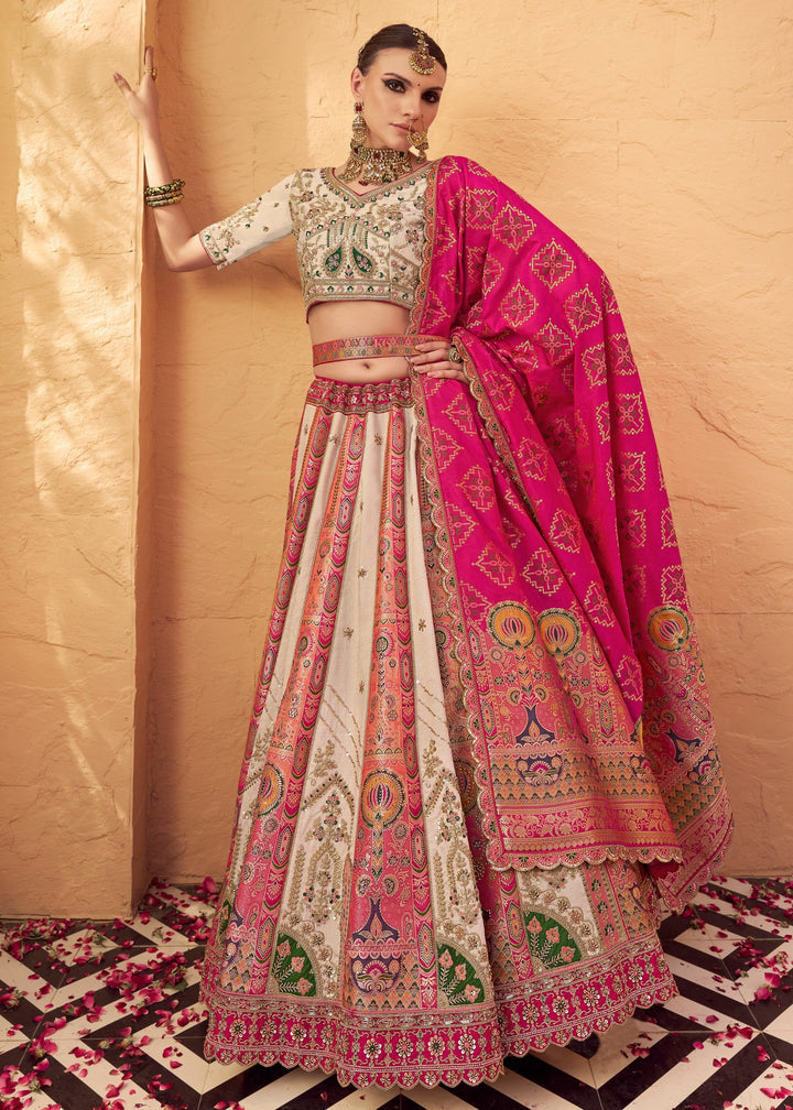 Off White & Pink Banarasi Silk Lehenga Choli With Zarkan And Cut Work