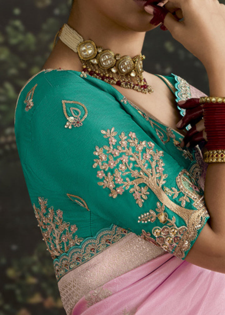 Soft Pink and Green Viscose Silk Saree