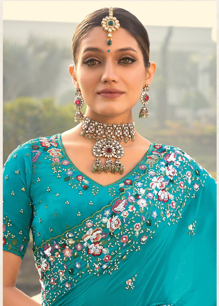 Firozi Blue Crepe Silk Saree