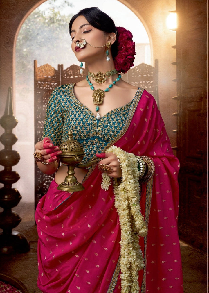 Red Pink Viscose Crepe Silk Saree