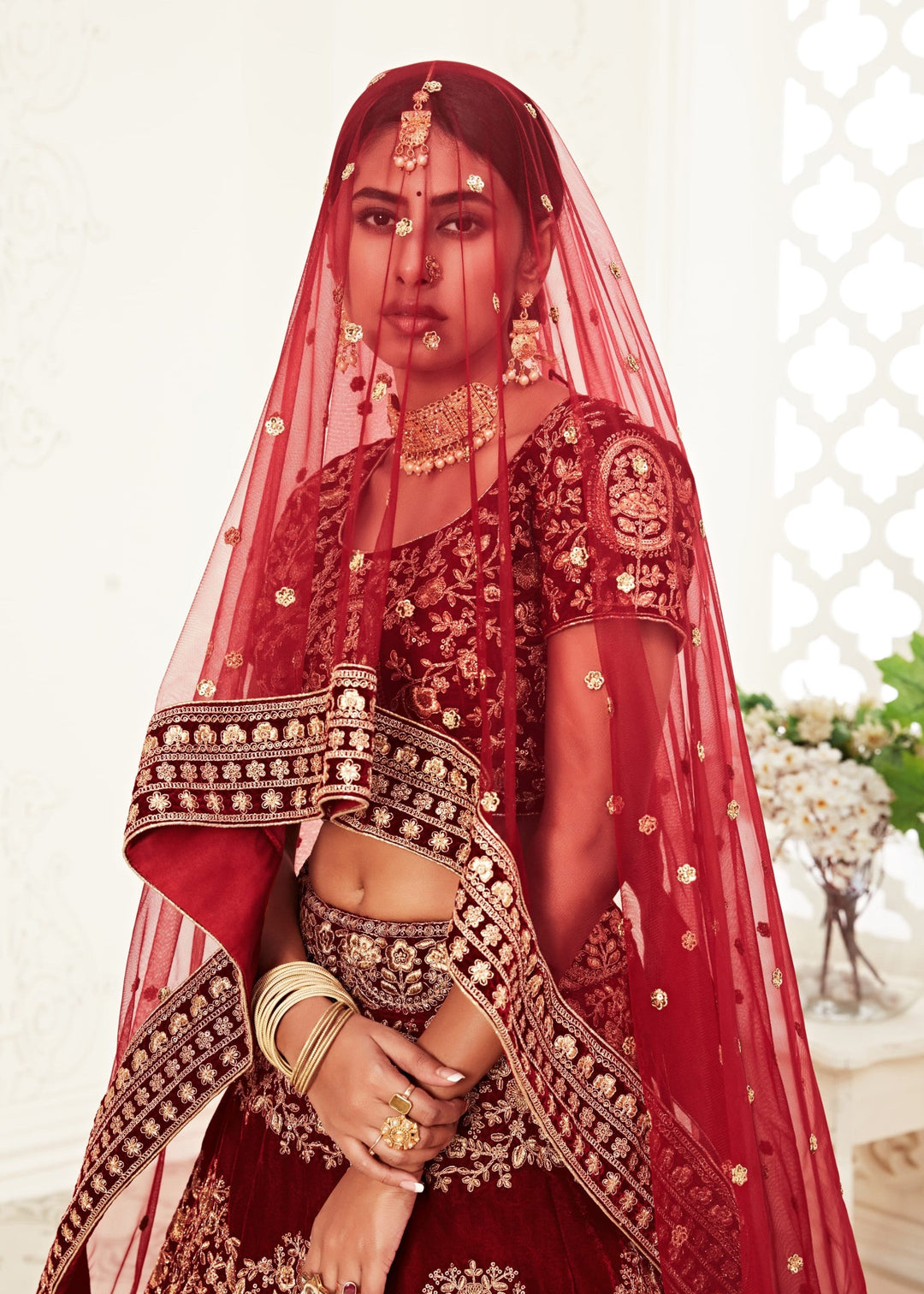 Red Velvet Lehenga With Thread, Zari, Dori and Sequins Embroidery Work