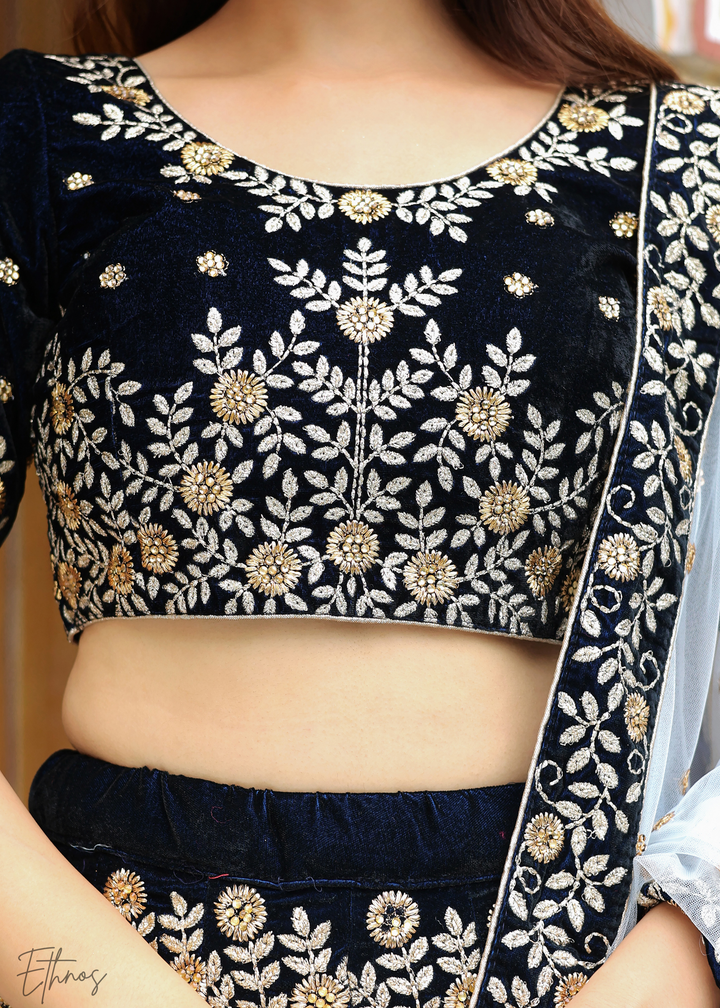 Dark Blue Velvet Lehenga With Dupatta