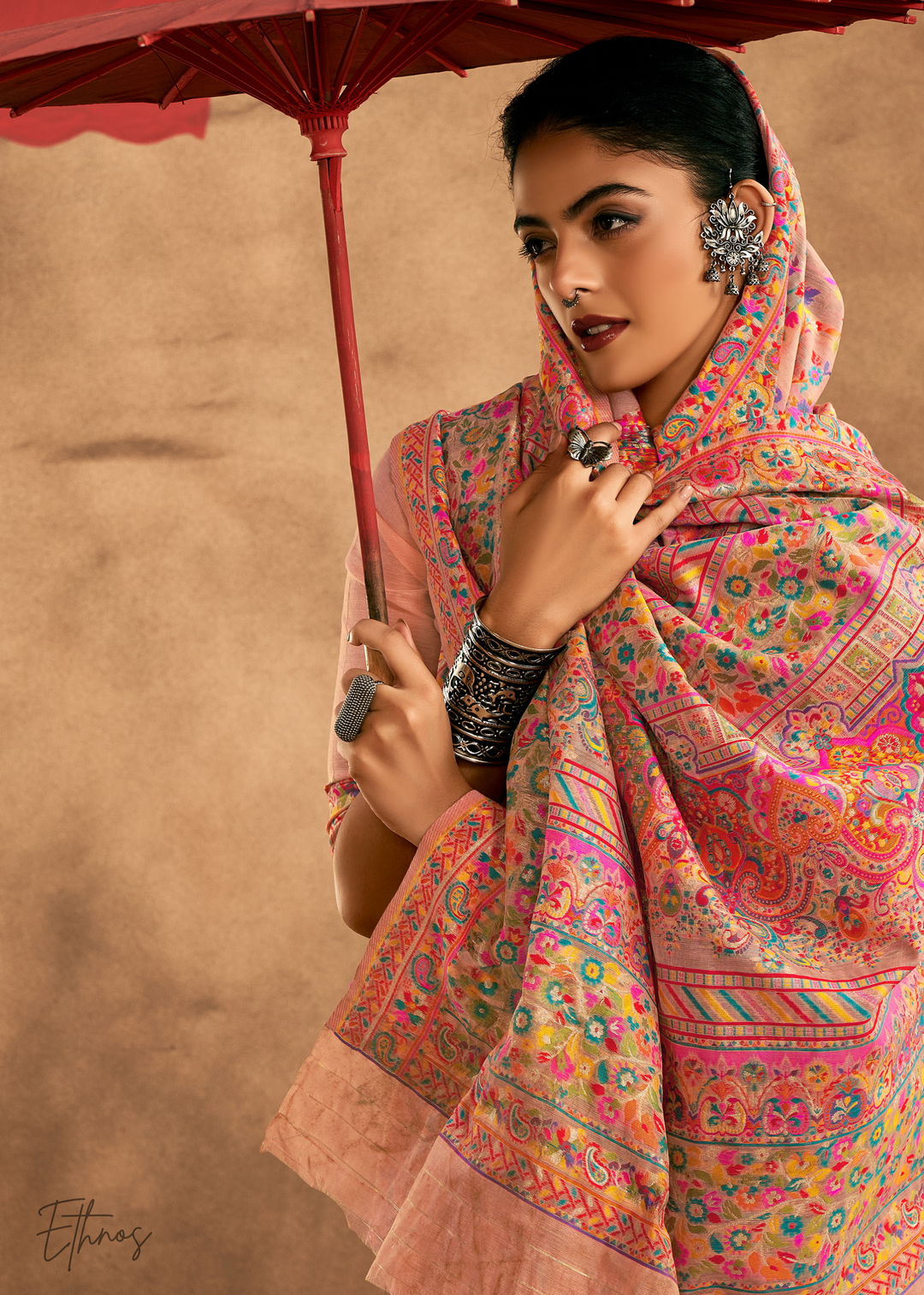 Blush Peach with Multicolour Kashmiri Floral Weave Saree