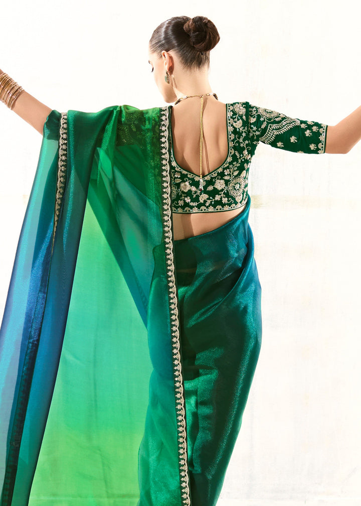 Pine Green Organza Tissue Silk Saree