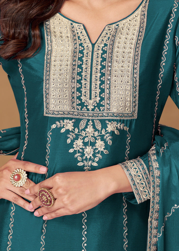 Teal Green Premium Chinnon Silk Salwar Suit
