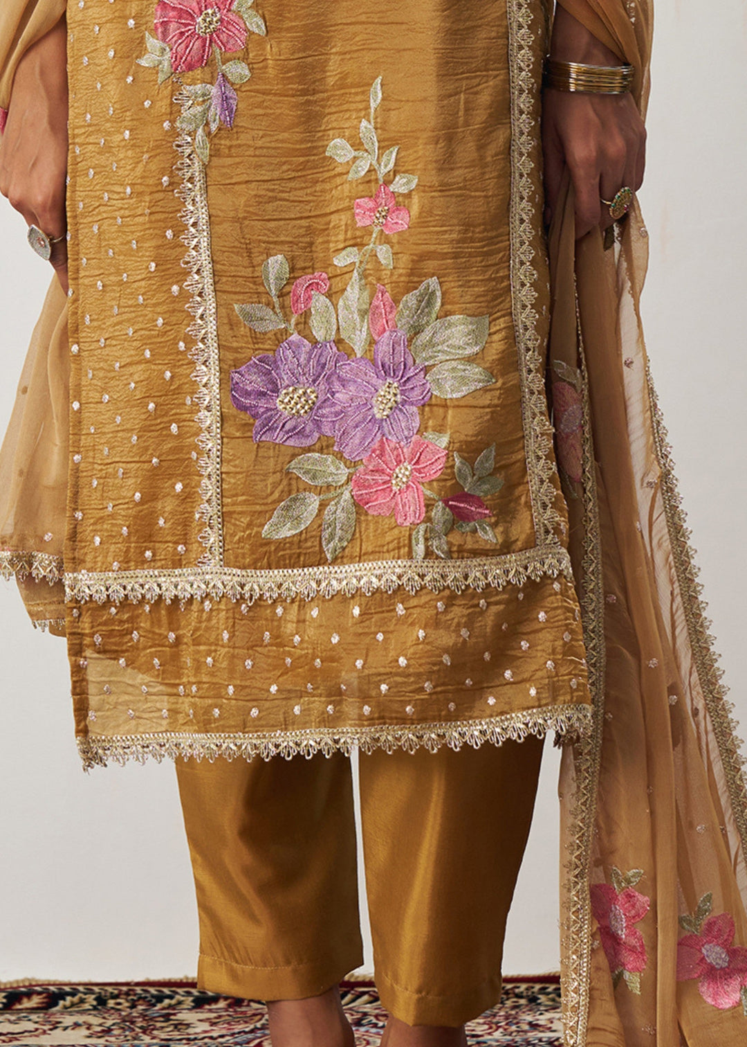 Gamboge Yellow Silk Pant Suit With Chiffon Dupatta