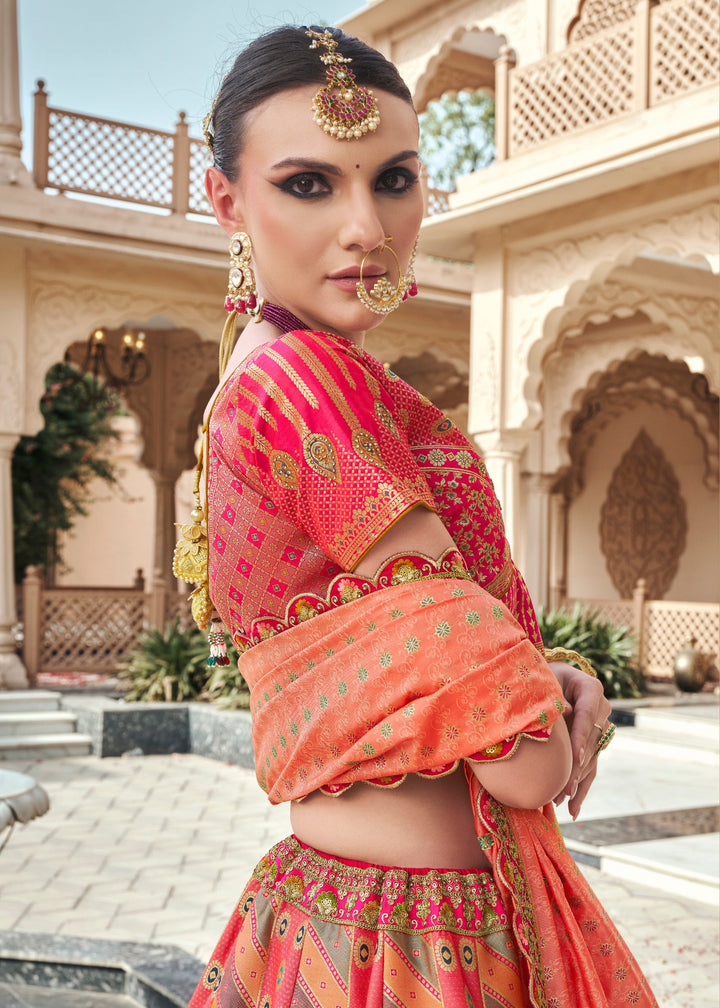 Coral Pink Banarasi Silk Lehenga with Zarkan & Cutwork