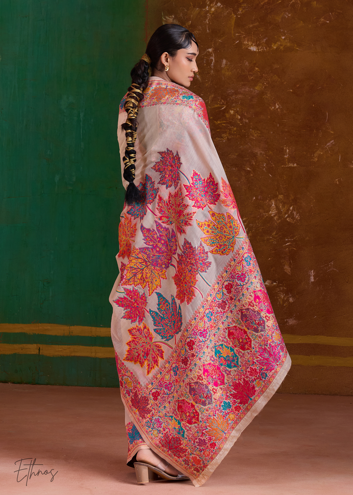 Warm Beige with Multicolour Floral Weave Saree