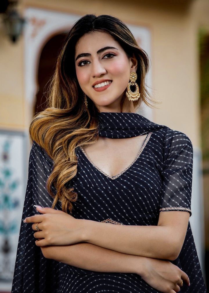 Onxy Black Georgette Leheriya Print Lehenga With Zari And Lace Work