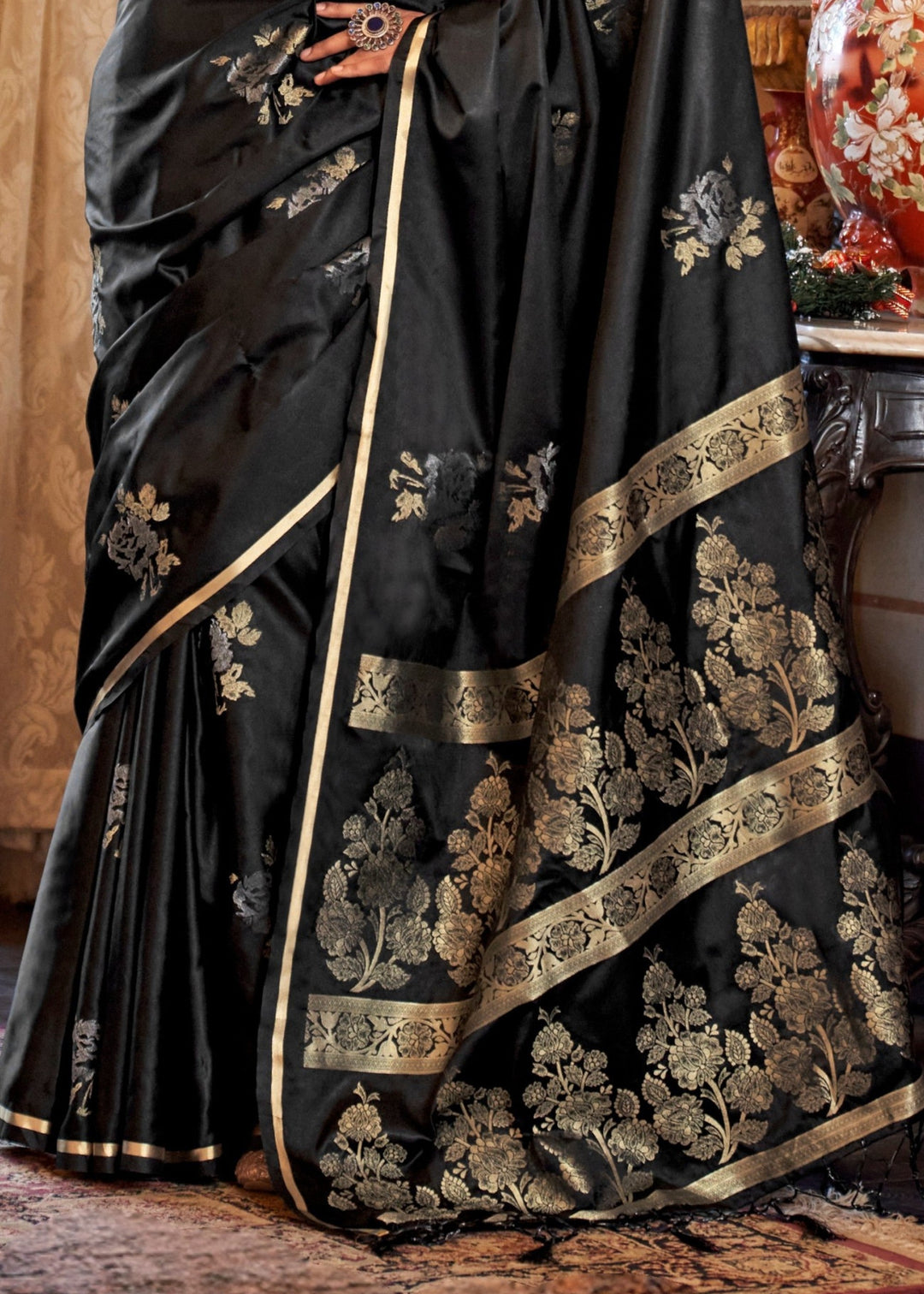 Black Satin Silk Saree
