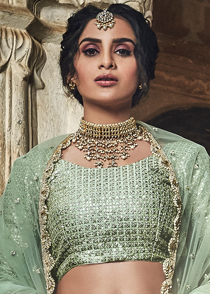 Sea Green Soft Net Lehenga with Sequins & Zari work
