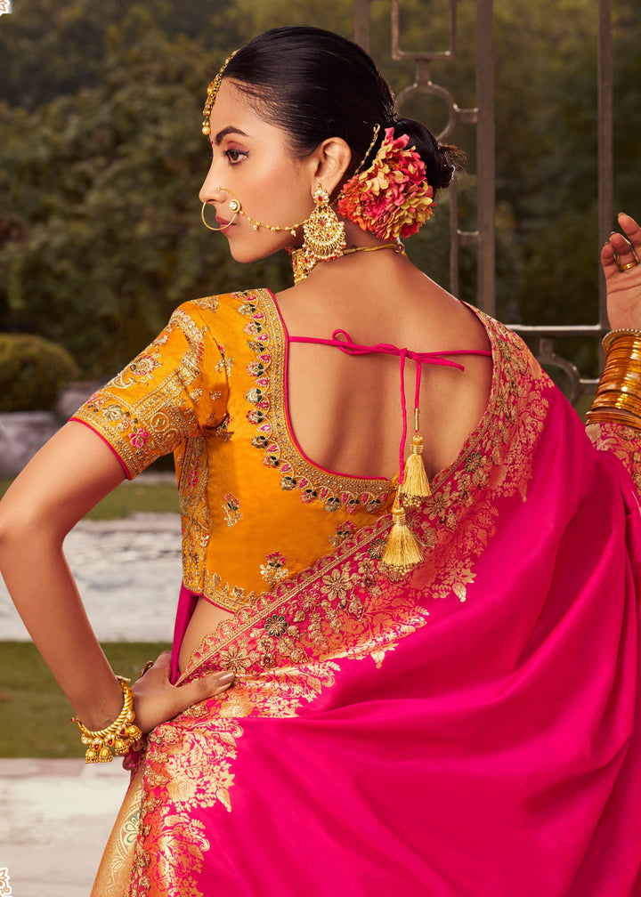 Hot Pink Base Banarasi Silk Lehenga With Gold Brocade And Golden Zari Work