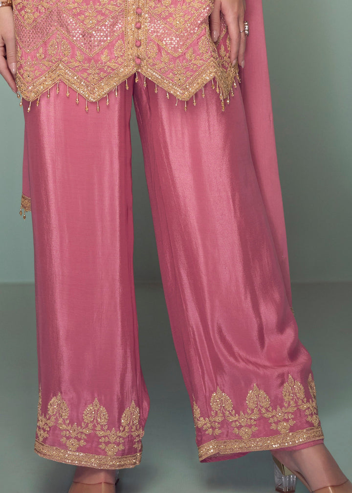 Blush Pink Chinnon Silk Plazo Suit With Thread Embroidery