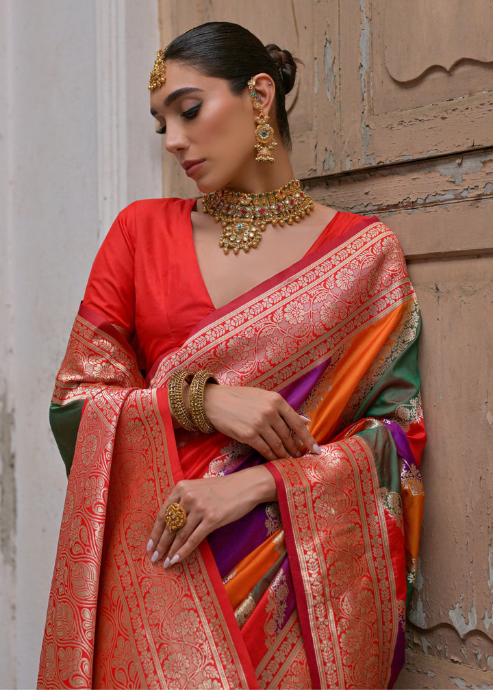 Red Leriya Zari Woven Saree With Contrast Pallu