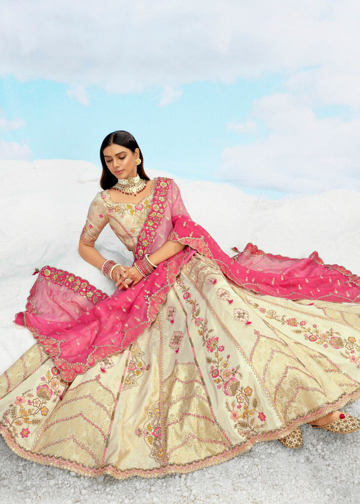 Off-white and Megenta Lehenga With Cut Work Border