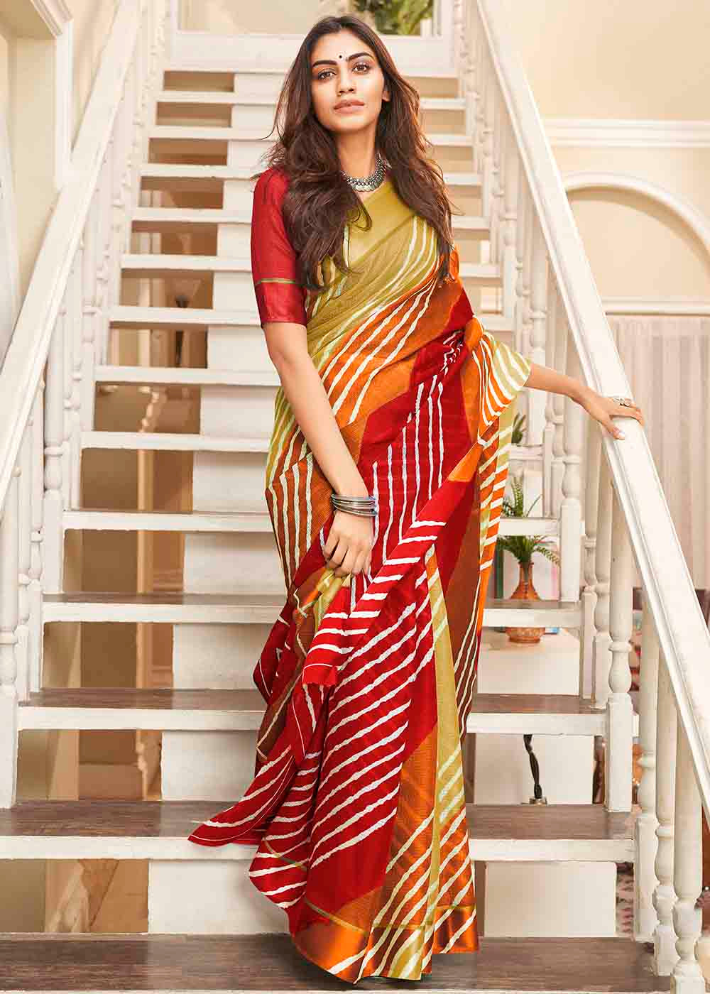 Red & Brown Leheriya Printed Cotton Saree : Top Pick
