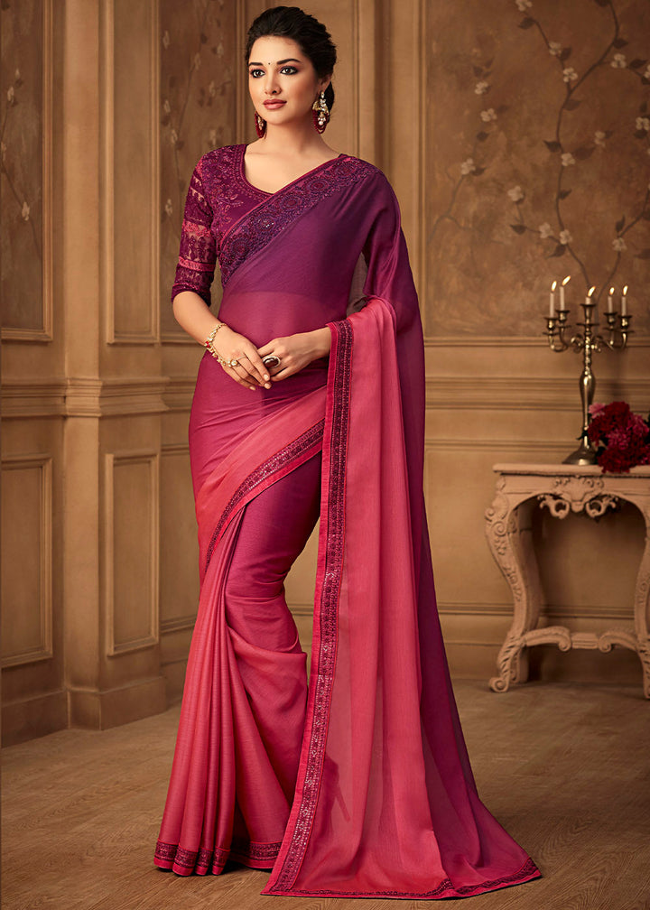 Pink & Purple Chiffon Silk Saree